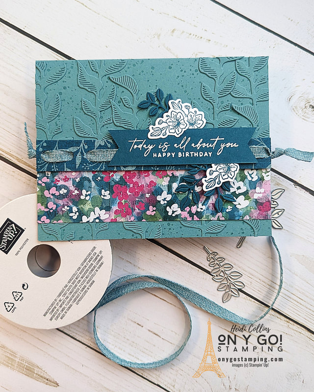 Get inspired by the Stampin' Up!®️ Mini Catalog and recreate one of the cards with different colors and papers. This handmade birthday card uses the Notes of Nature stamp set and dies with the Masterfully Made patterned paper.
