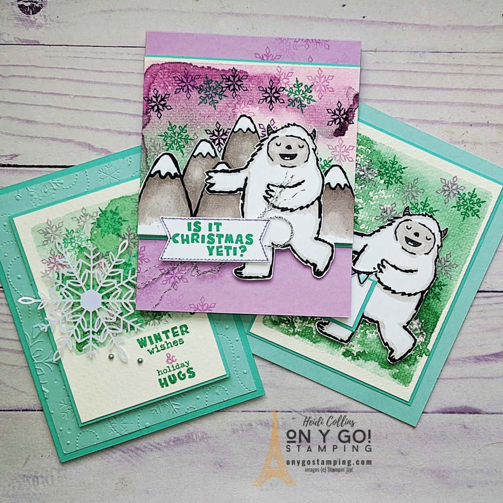 Create beautiful handmade backgrounds with an easy watercolor technique. Includes a video tutorial on how to do it and 3 handmade card ideas using the Yeti to Party stamp set from Stampin' Up!®
