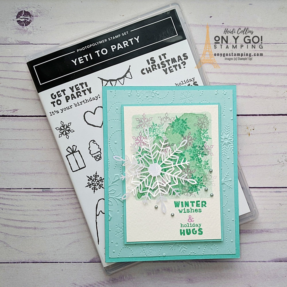 See how to do an easy watercolor technique to create a fun background. This sample holiday card idea was made with the Yeti to Party stamp set from Stampin' Up!