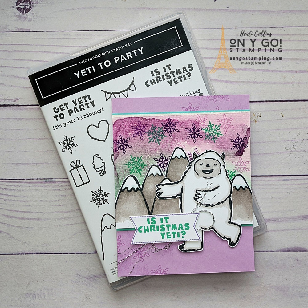Create a beautiful background with an easy watercolor technique on a handmade Christmas card. Watch the video tutorial to see how to make this card with the Yeti to Party stamp set from Stampin' Up!