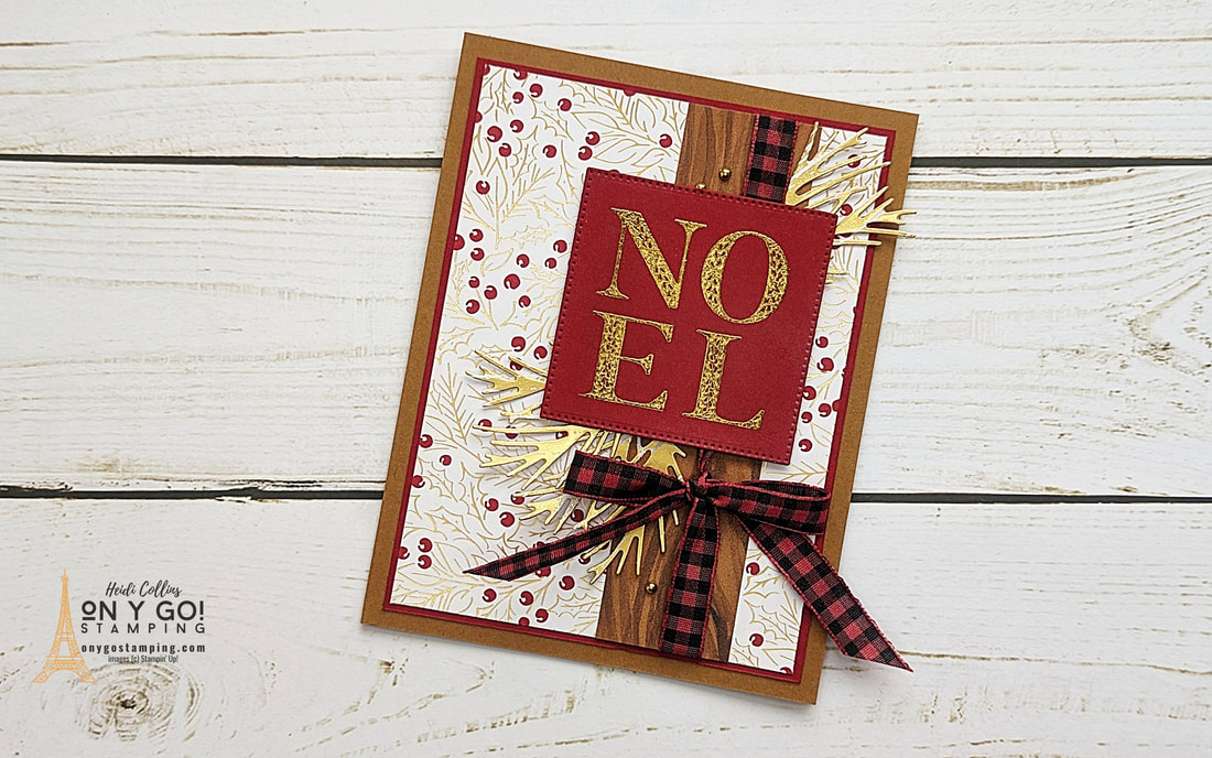 Handmade Christmas card using the Joy of Noel stamp set with the Joy of Christmas patterned paper from Stampin' Up! Use a Stampin' Blend alcohol marker to color the Vanilla & Black Large Checked ribbon to create red and black ribbon.