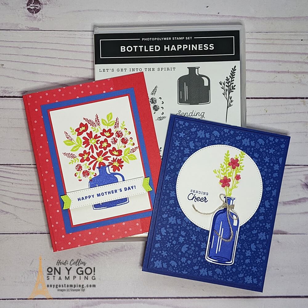 Use the Bottled Happiness stamp set and 2022-2024 In Colors from Stampin' Up! to create quick and easy handmade cards. Patterned paper is the perfect back drop for these cheery cards.