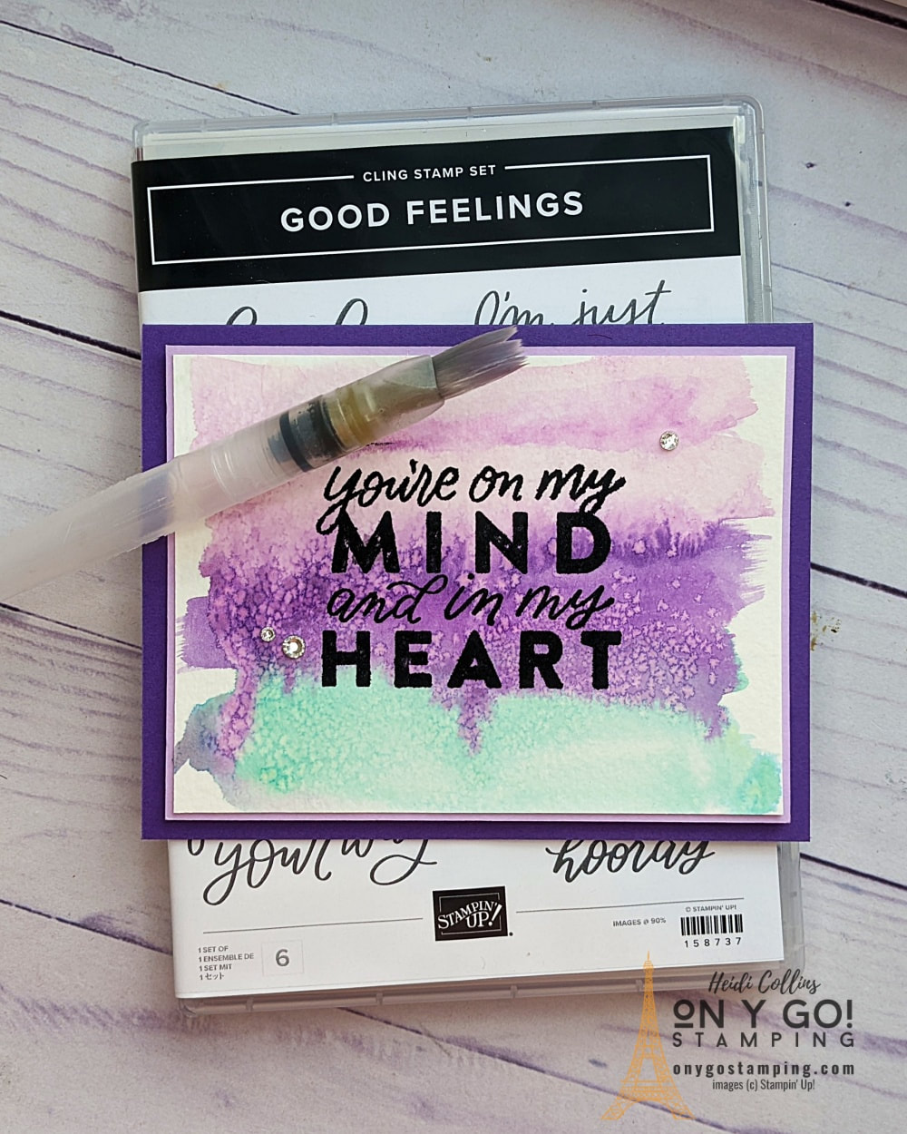 Use Water Painters and regular dye ink to create a beautiful watercolor background. Then, stamp a bold sentiment from the Good Feelings stamp set from Stampin' Up!® to create a quick card.