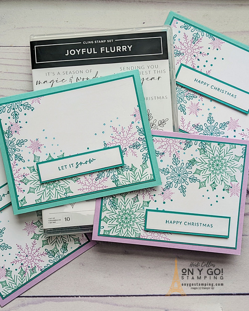 Create quick and easy handmade holiday cards with the Joyful Flurry stamp set from Stampin' Up!, a couple of ink pads, and some cardstock.