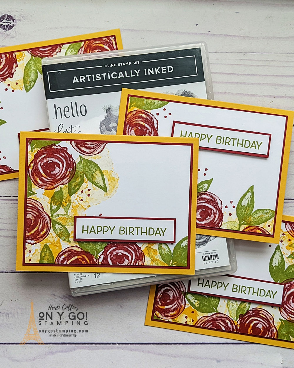 Use the Artistically Inked stamp set from Stampin' Up! and the four-square card technique to create quick and easy handmade birthday cards.
