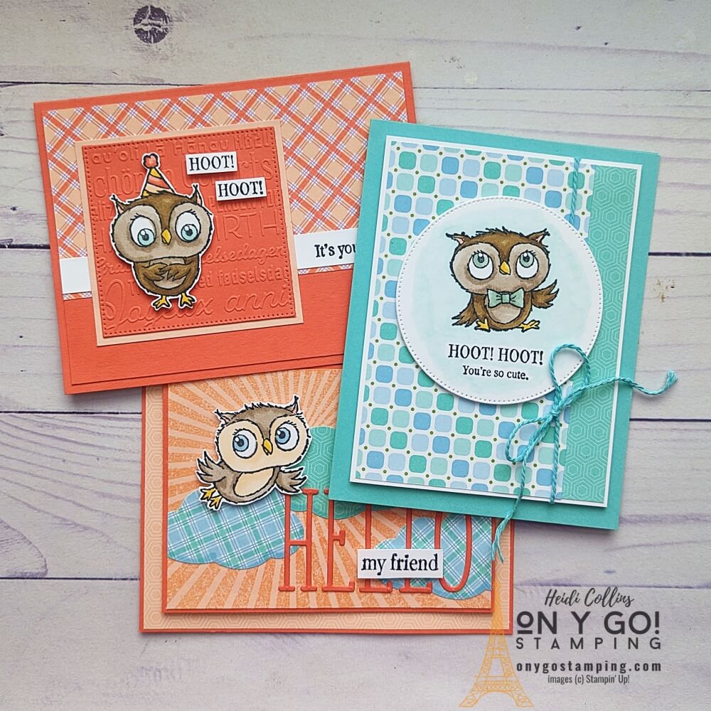 Handmade cards with the Adorable Owls stamp set from Stampin' Up!® Get these stamps for FREE during Sale-A-Bration 2023.