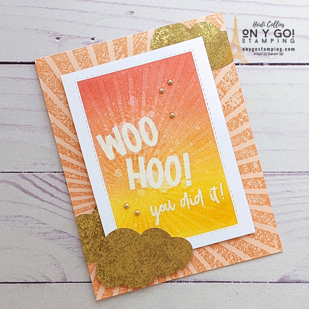 Get the Amazing Phrasing stamp set free during Sale-A-Bration 2022! This sample card uses so many techniques: masking, ink blending, sprtizing, heat embossing, and more!