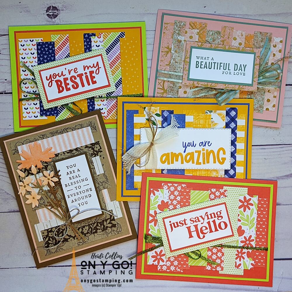 Quick and easy cards based on a card sketch that uses patterned paper scraps. Great way to use up your leftover scrapbooking paper.