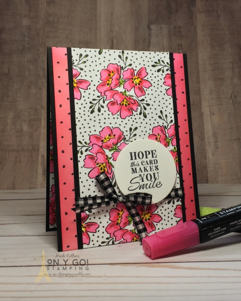 Use Stampin' Blends alcohol markers to color on the Beautifully Penned patterned paper. This fabulous black and white paper is available for free during Sale-A-Bration 2021.