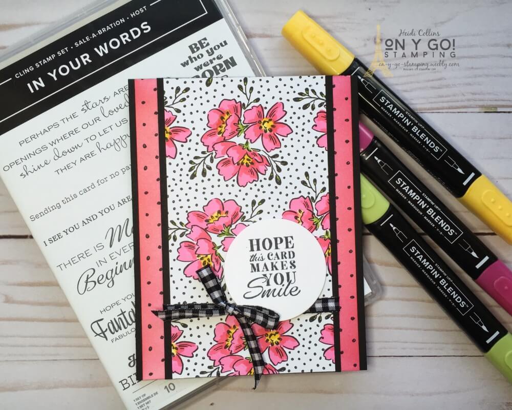 Alter black and white patterned paper to match any projects. Here, I colored the Beautifully Penned Designer Series Paper with the Stampin' Blends alcohol markers and blending brushes and ink.