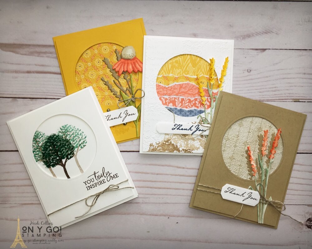 Faux window card layout. A variety of sample handmade cards for fall using a simple cut out window and patterned paper. From simple cards to more textured cards, this design can be used for so many occasions!