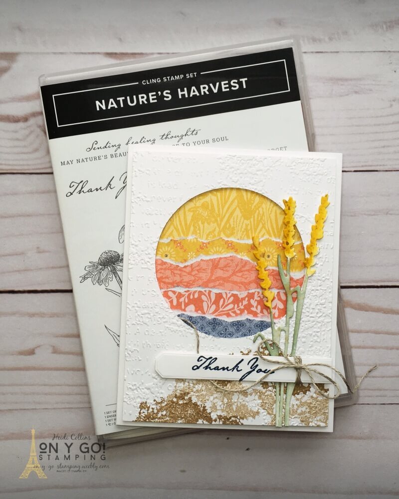 Create a sunset with strips of torn patterned paper on this faux window card idea that is a beautiful thank you card. Add elements from the Harvest Meadow suite of products from Stampin' Up! to complete a fall beach scene.
