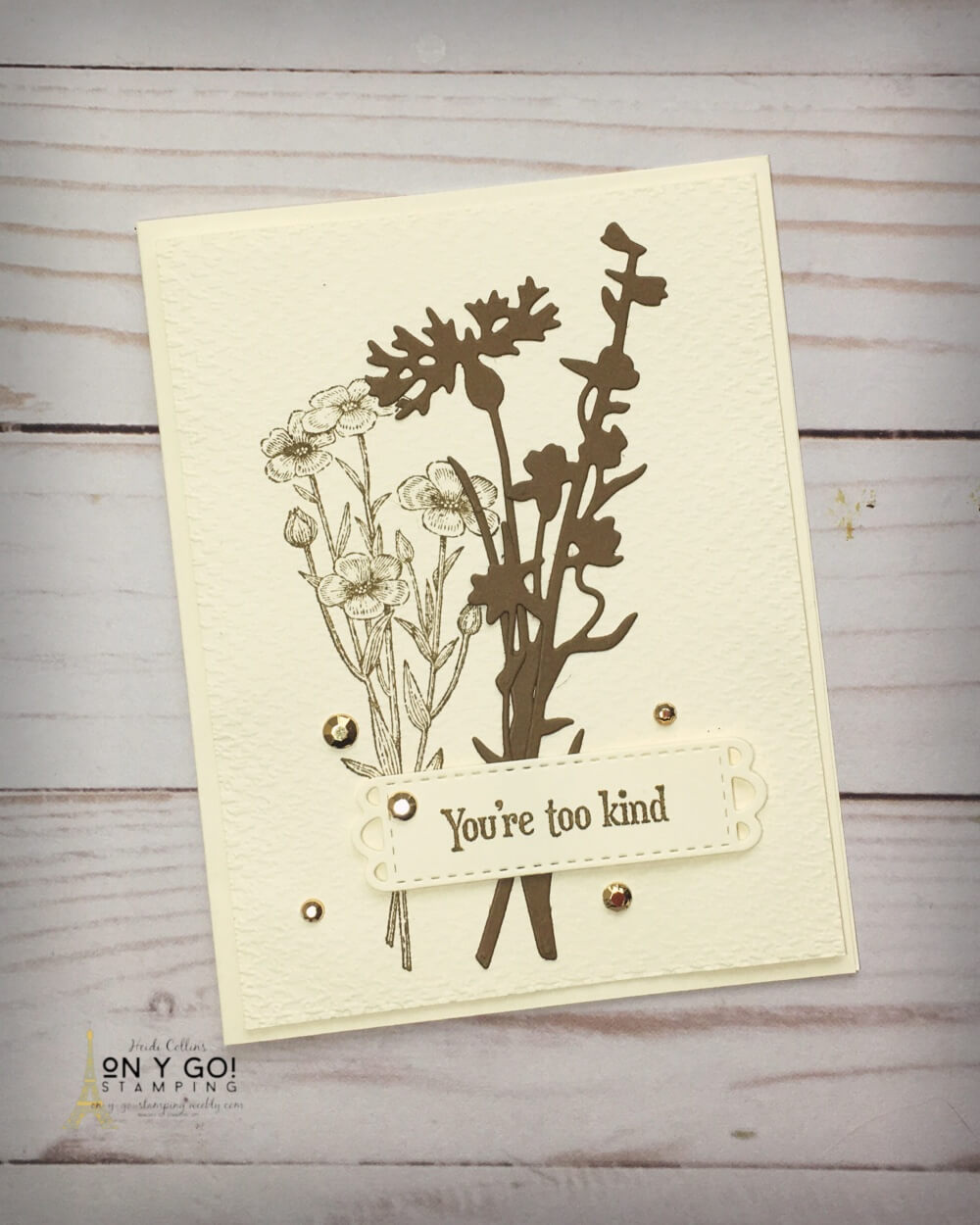 Handmade floral card using the Quiet Meadow stamp set and Meadow dies from Stampin' Up! This card has beautiful texture and some fun bling!