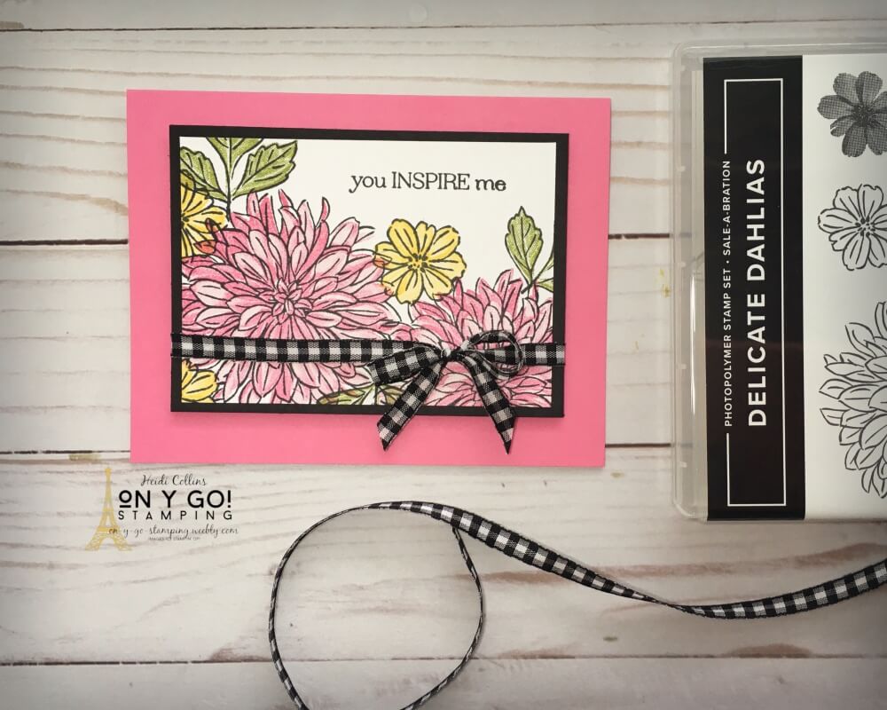 NEW Delicate Dahlias stamp set from the Fall 2021 Sale-A-Bration brochure from Stampin' Up! Here it's stamped with a black outline, but you can see more samples stamped without the black outline.