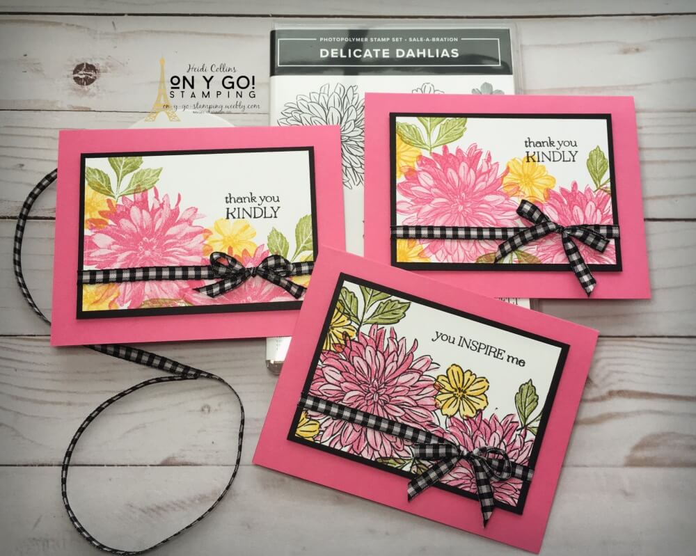 Sneak peek of the Fall 2021 Sale-A-Bration stamp set Delicate Dahlias. I've stamped the flowers three different ways. Which is your favorite? Get this fabulous stamp set FREE with a $100 purchase in August and September.