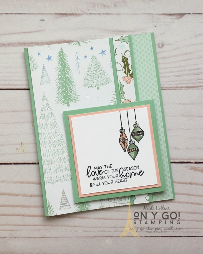 Fun-fold Christmas card in soft colors. I love soft pink and mint green for Christmas! This card uses the Whimsical Trees stamp set and Whimsy & Wonder patterned paper from Stampin' Up!