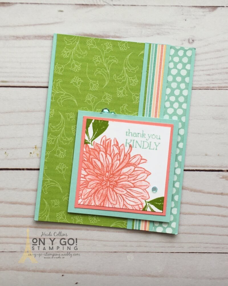 Thank you card idea with the Delicate Dahlias stamp set. This floral card also uses the Pattern Party patterned paper. Get these stamps for FREE during Sale-A-Bration 2021.