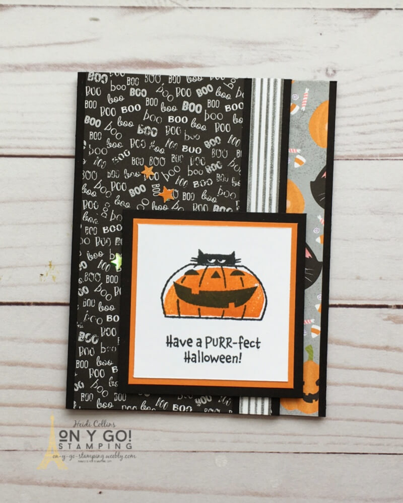 Fun fold Halloween card with a cat and jack-o-lantern. This great fall card uses the Cutest Halloween patterned paper and Clever Cats stamp set. 