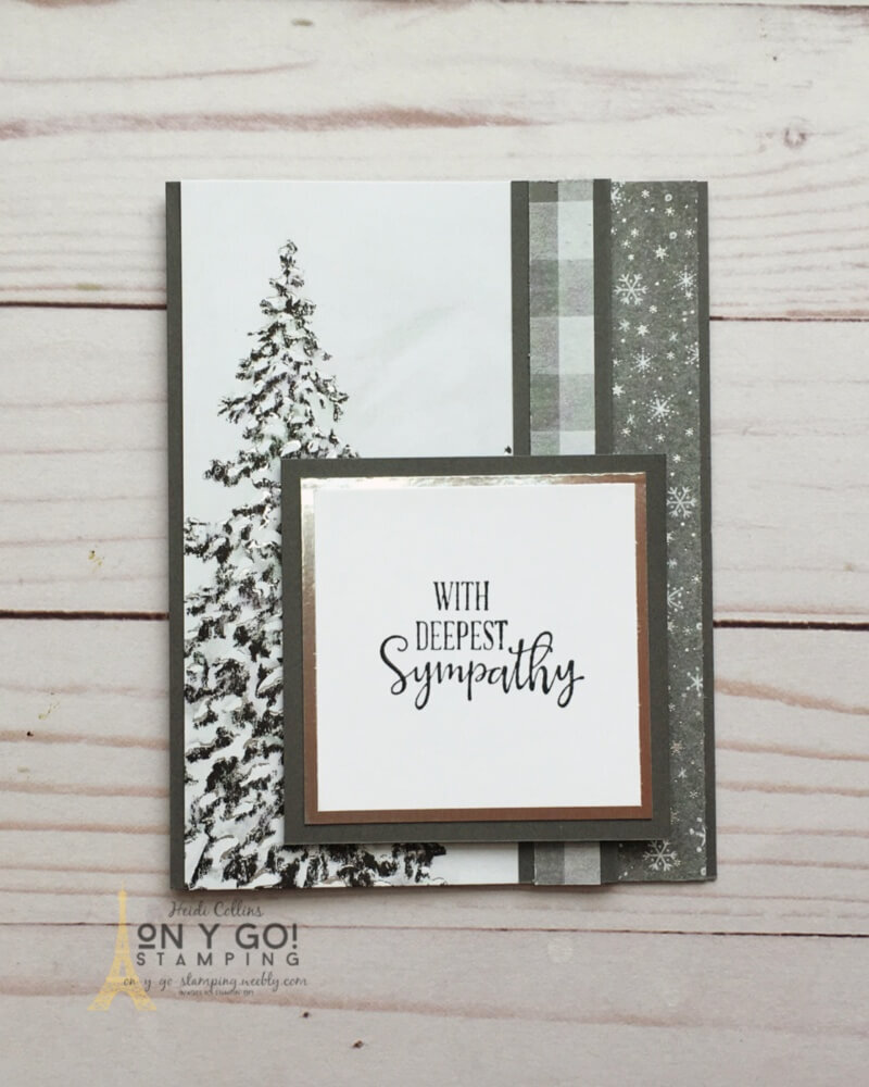 Elegant sympathy card idea with a fancy fold. This handmade sympathy card has stunning touches of silver on the Peaceful Place patterned paper from Stampin' Up!