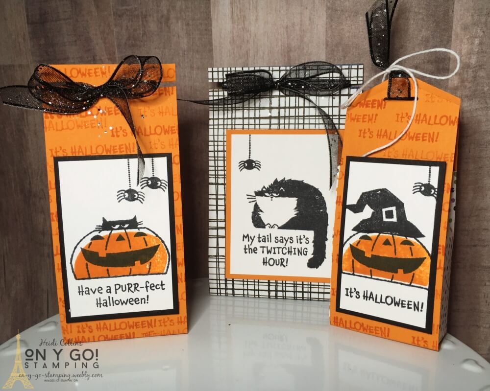 Make some fun handmade treat bags for your favorite trick-or-treaters this Halloween. These little treat bags hold fun-sized candy bars. Get the cutting dimensions to make your own treat bags!