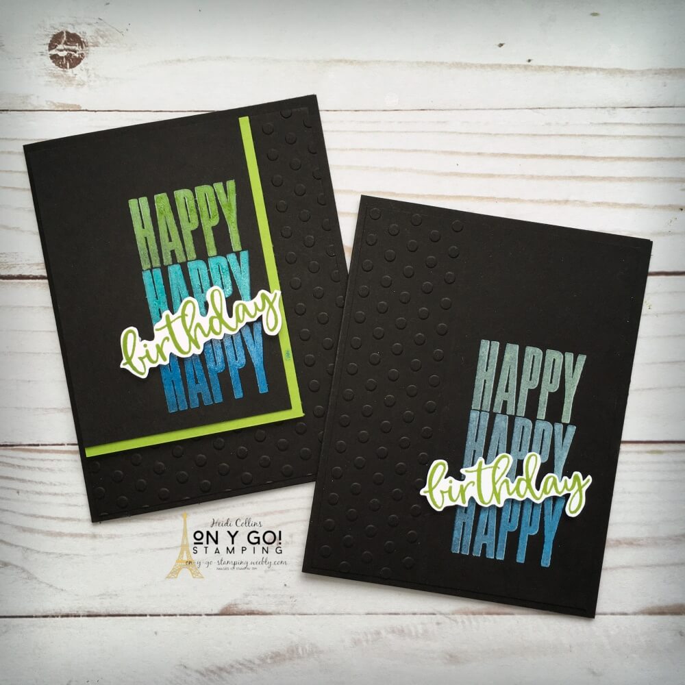 Stamp in colors on black using a stamping platform, like the Stamparatus from Stampin' Up! and white ink. These fun birthday cards were easy to make with the Biggest Wish stamp set.