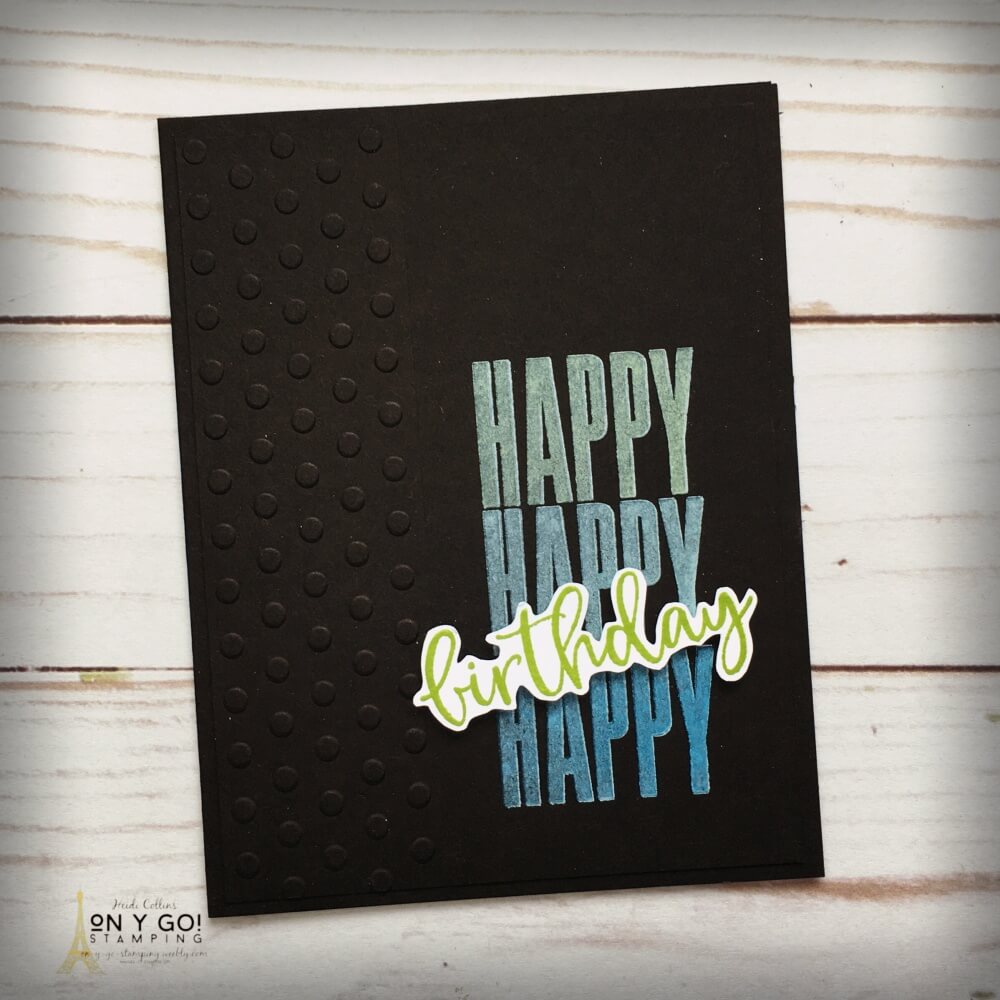 Use a stamping platform, like the Stamparatus from Stampin' Up!, to stamp an image multiple times and stamp in color on black cardstock. This fun birthday card idea uses the Biggest Wish stamp set. 
