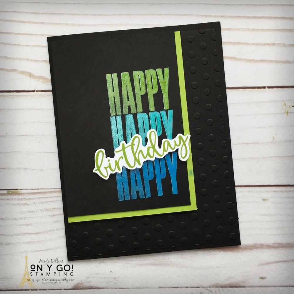 Create a handmade birthday card with this fun rubber stamping technique: hinge-step stamping. Use a stamping platform, like the Stamparatus from Stampin' Up!, to perfectly align stacked images. Plus, see how to stamp in color on black cardstock.