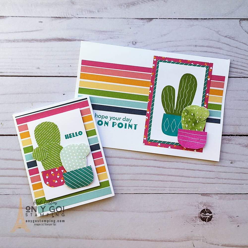Easy handmade card idea with the Cactus Cuties stamp set and Sunshine & Rainbows patterned paper (available FREE during Sale-A-Bration 2022) from Stampin' Up! These cards are made with the Memories & More Cards & Envelopes making it even easier to make handmade cards.
