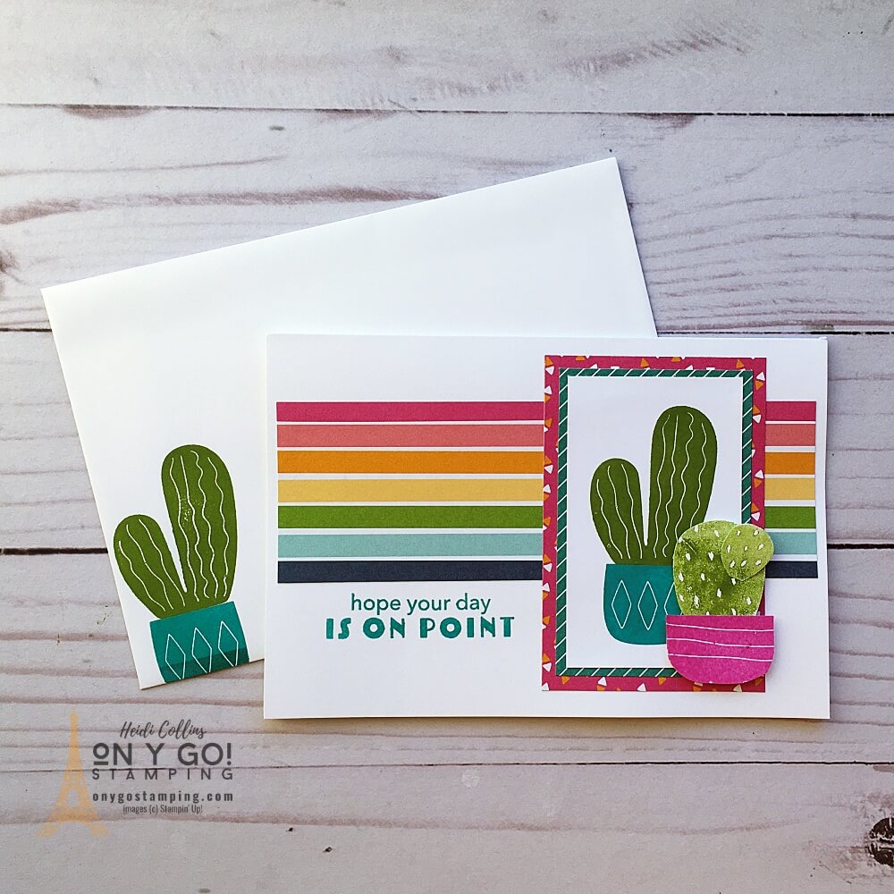 Make quick and easy cards with the Memories & More Cards & Envelopes and a great stamp set like the Cactus Cuties set from Stampin' Up! Plus, for even more ease, add in colorful patterned paper like the Sunshine & Rainbows Designer Series Paper that you can get for FREE during Sale-A-Bration 2022.