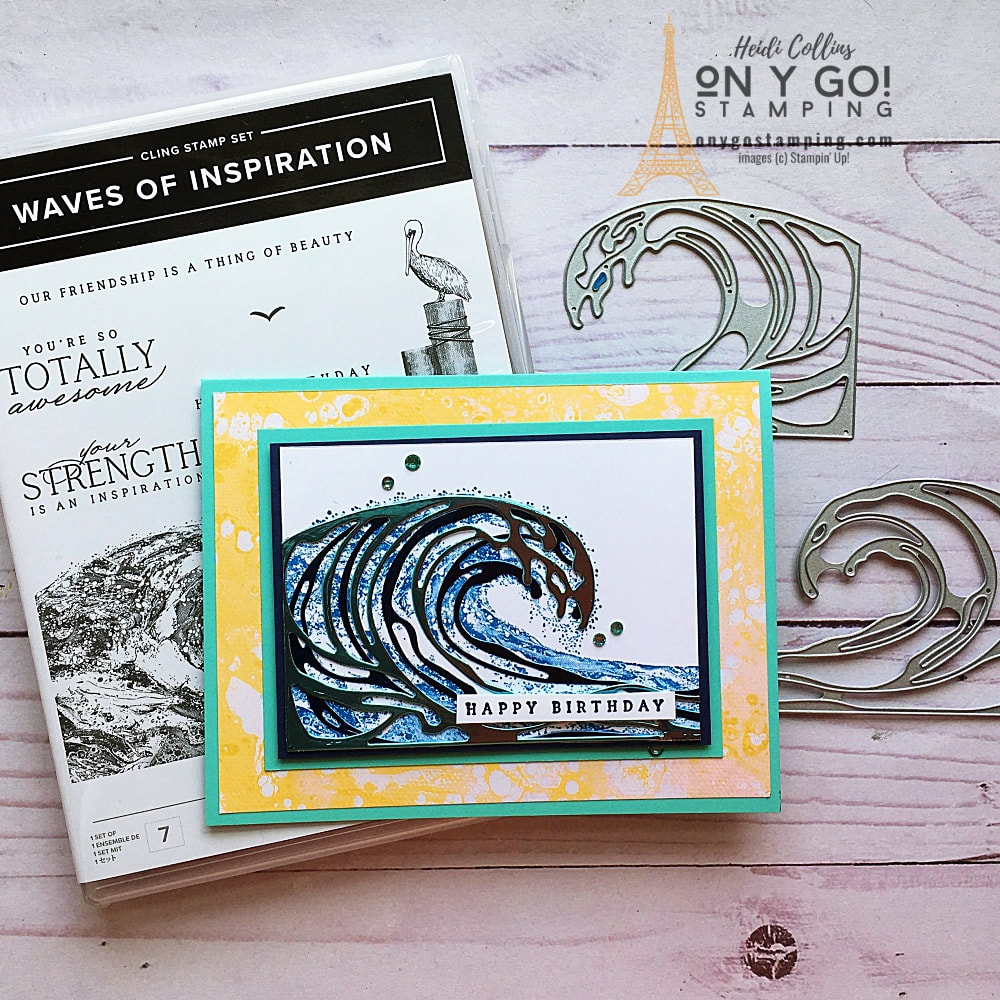 Handmade birthday card idea using the new Waves of Inspiration stamp set and the Waves of the Ocean patterned paper from Stampin' Up! Click to see more sample card ideas. The Waves of the Ocean collection will be available on March 1, 2022.