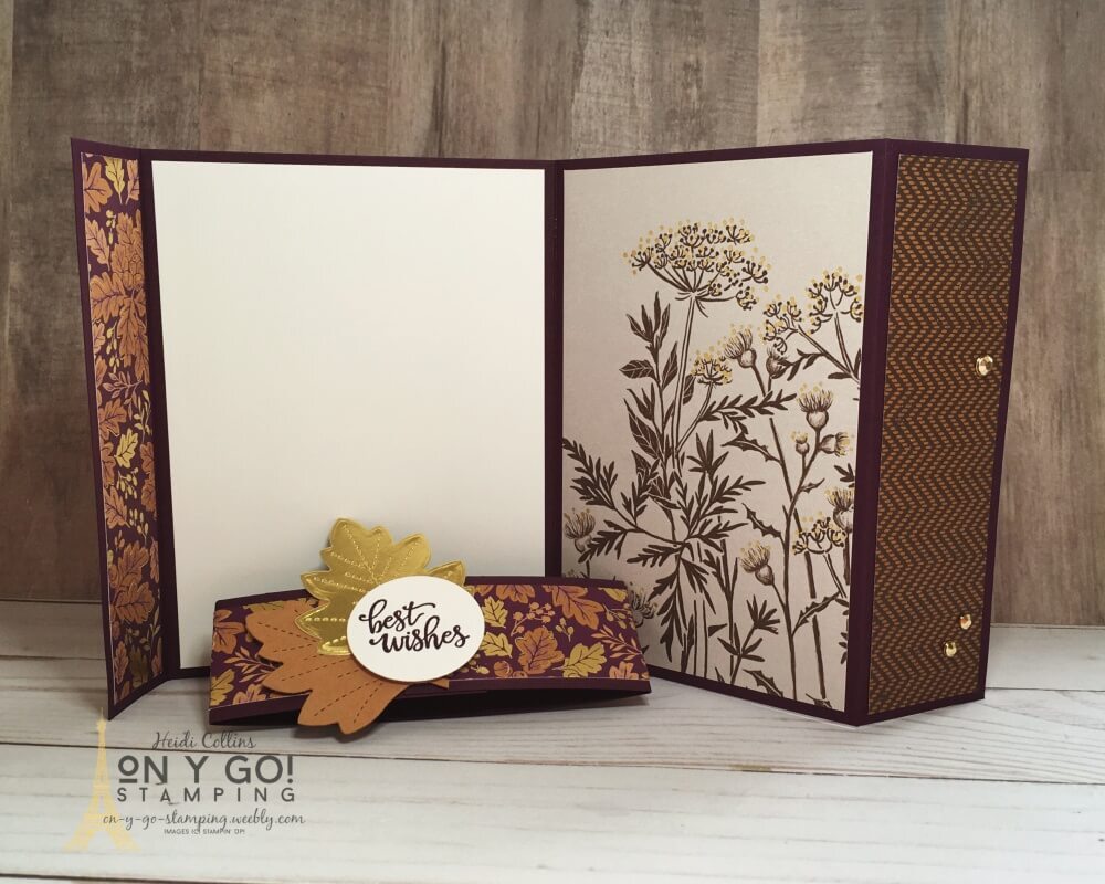 Create cards quickly with gorgeous patterned paper like the Blackberry Beauty Designer Series Paper from Stampin' Up! This beautiful fall card would be a perfect handmade wedding card.