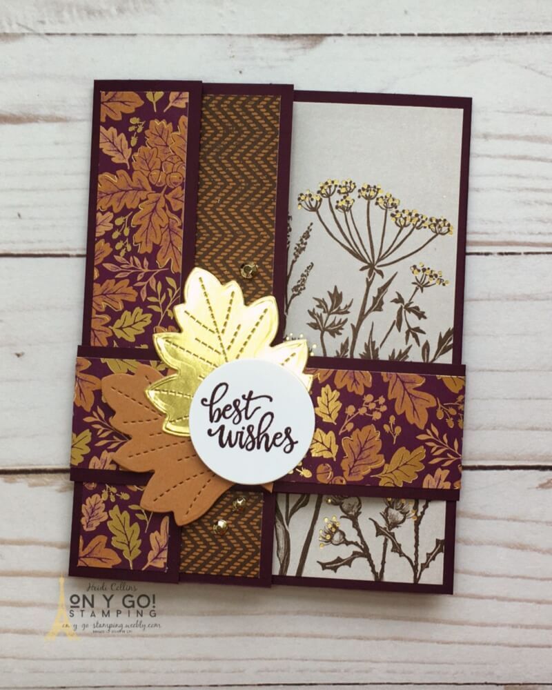 Quick and easy fun fold card with a belly band. You've got to see how this card opens up! It's so much fun and the patterned paper is gorgeous! It's the new Blackberry Beauty DSP with gold accents. Love!