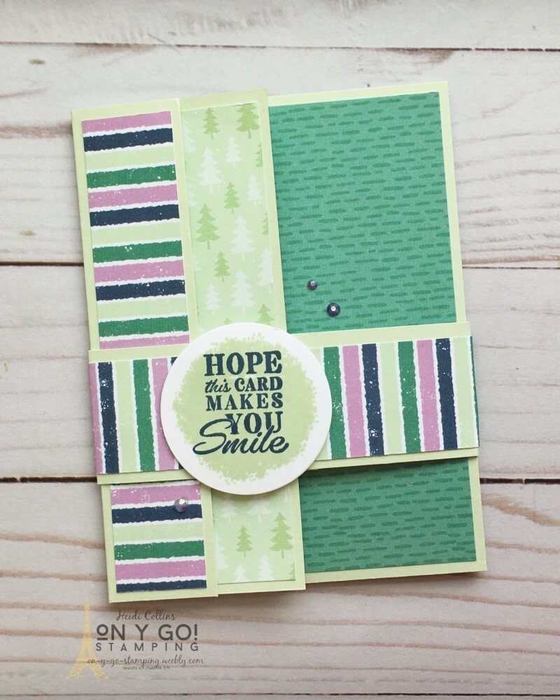 A fun fold card idea to make anyone smile! Slide the belly band off to see how this handmade card opens. The bright colors of the Penguin Playmates patterned paper and the fun sentiment from the In Your Words stamp set make a perfect just because card.