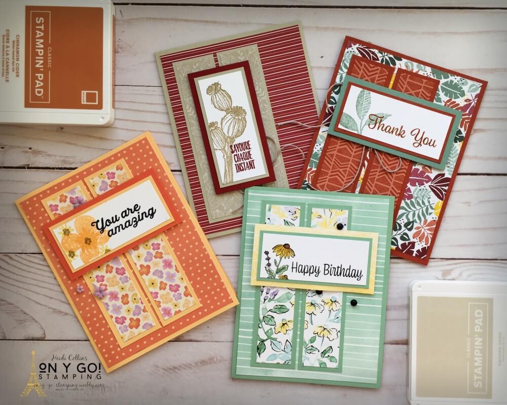Lots of handmade card ideas based on a simple card sketch! Card sketches make it so easy to make quick cards especially when you use patterned paper. All supplies from Stampin' Up!