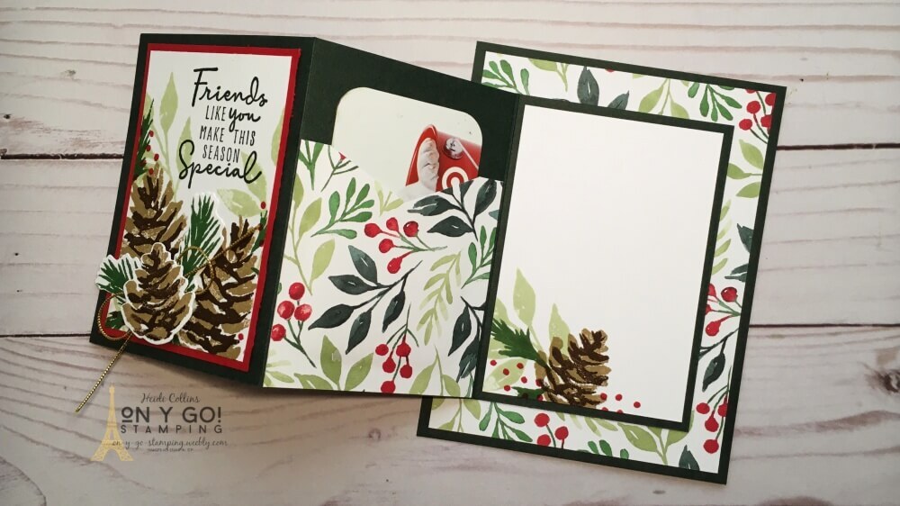 This Christmas gift card holder is the perfect handmade Christmas card to send a gift card in. Make it yourself with the Christmas Season and Christmas to Remember stamp sets and Painted Christmas patterned paper from Stampin' Up!s
