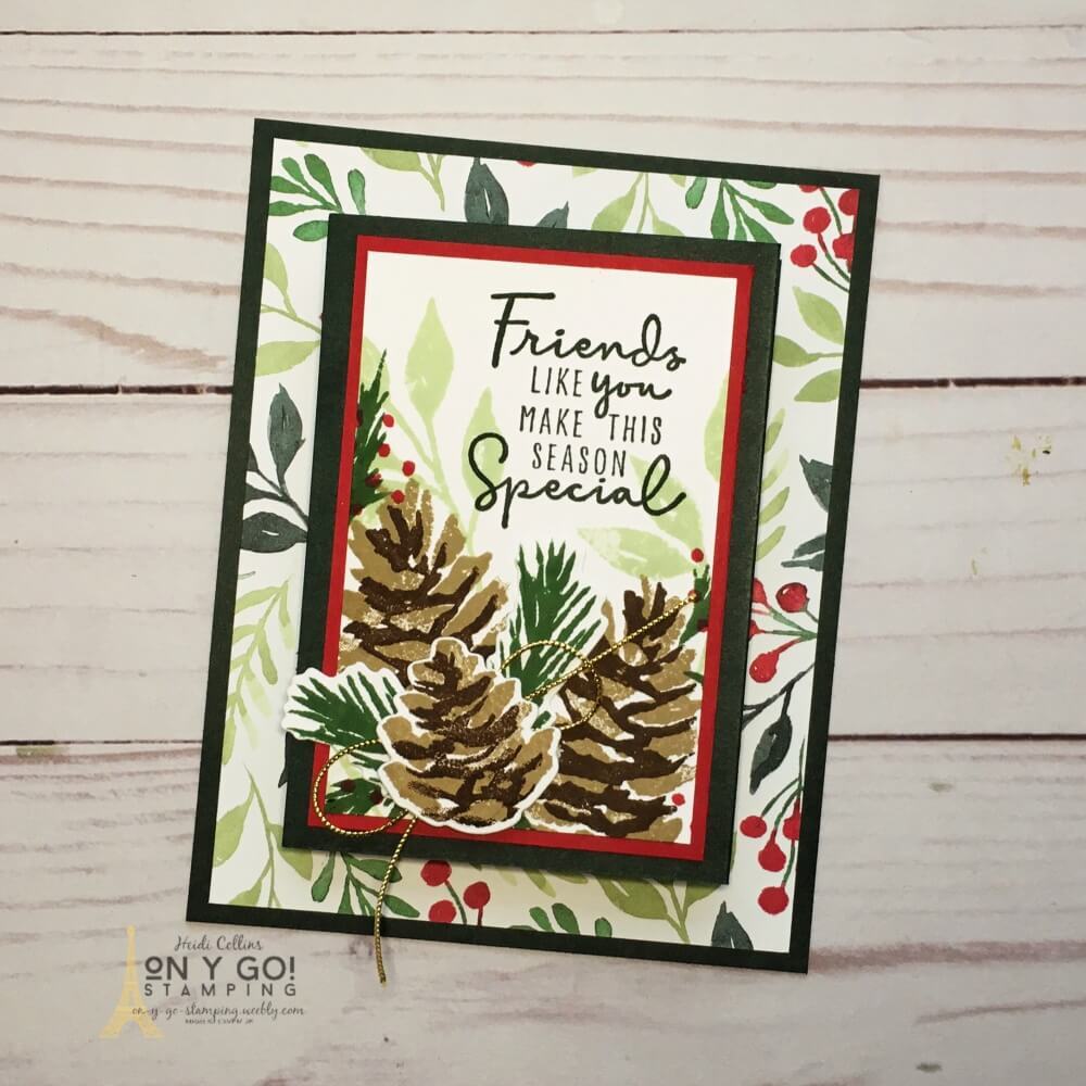 DIY Christmas gift card holder. Get the dimensions and supply list to make this Christmas card yourself with the Christmas to Remember and Christmas Season stamp sets and Painted Christmas patterned paper from Stampin' Up!