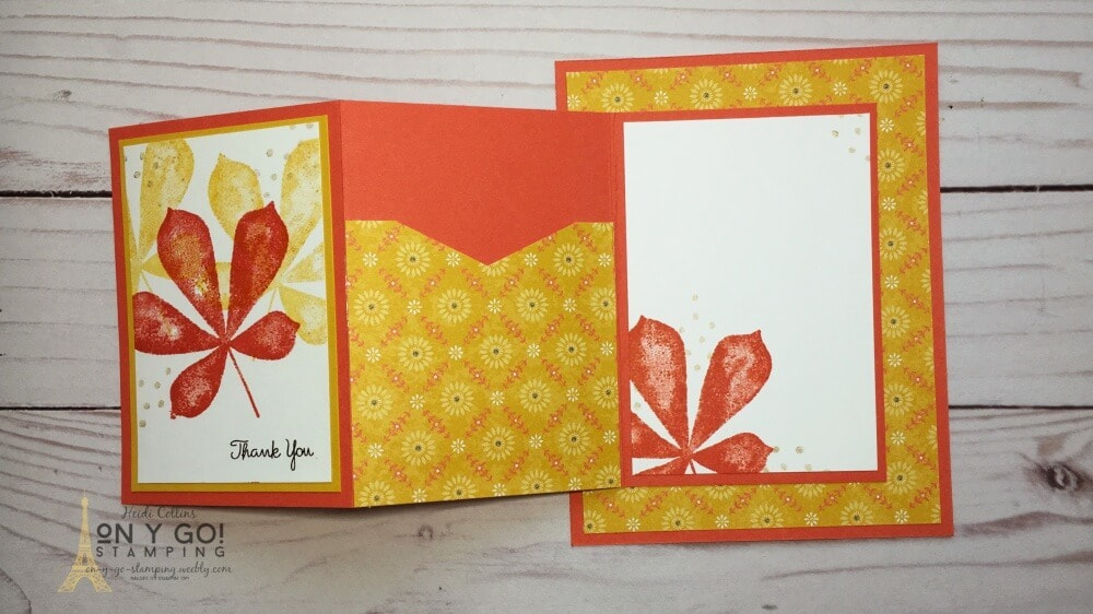Give someone a gift card to say thanks with this simple DIY gift card holder. Use the Love of Leaves stamp set and Harvest Meadow patterned paper to create this fun thank you card that also holds a gift card.