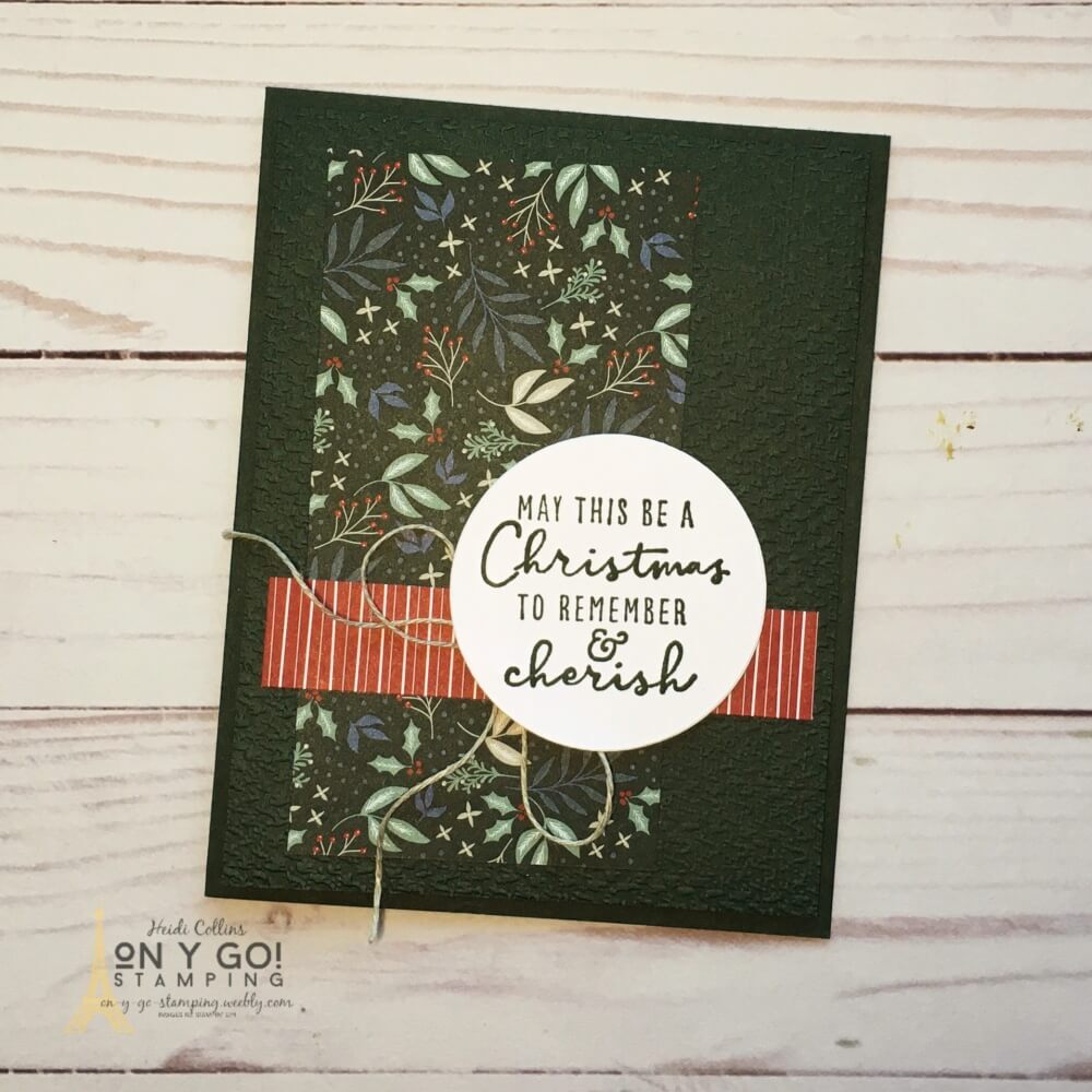 Easy to make Christmas card with the Tidings of Christmas patterned paper and the Christmas to Remember stamp set. Because this card uses patterned paper, it is so easy to make! Great for making a stack of Christmas cards to send this year.