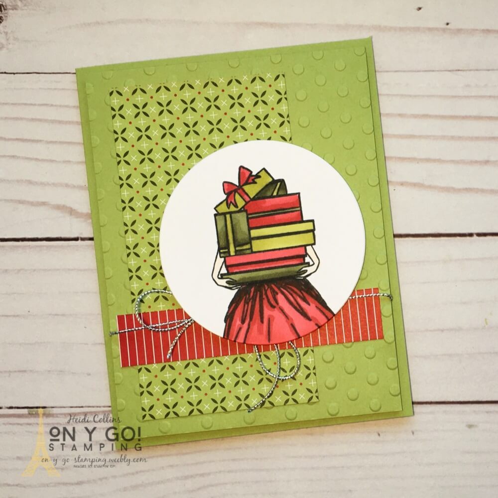 Fun and easy holiday card to make with the Delivering Cheer stamp set from Stampin' Up! and the Tidings of Christmas patterned paper. This simple card is based on a card sketch and is so easy to make!