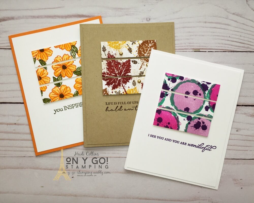 Clean and simple card ideas that are perfect for fall! These autumn cards use only stamps, ink, and paper for simple stamping. See dimensions and supply lists for these quick and easy card ideas.