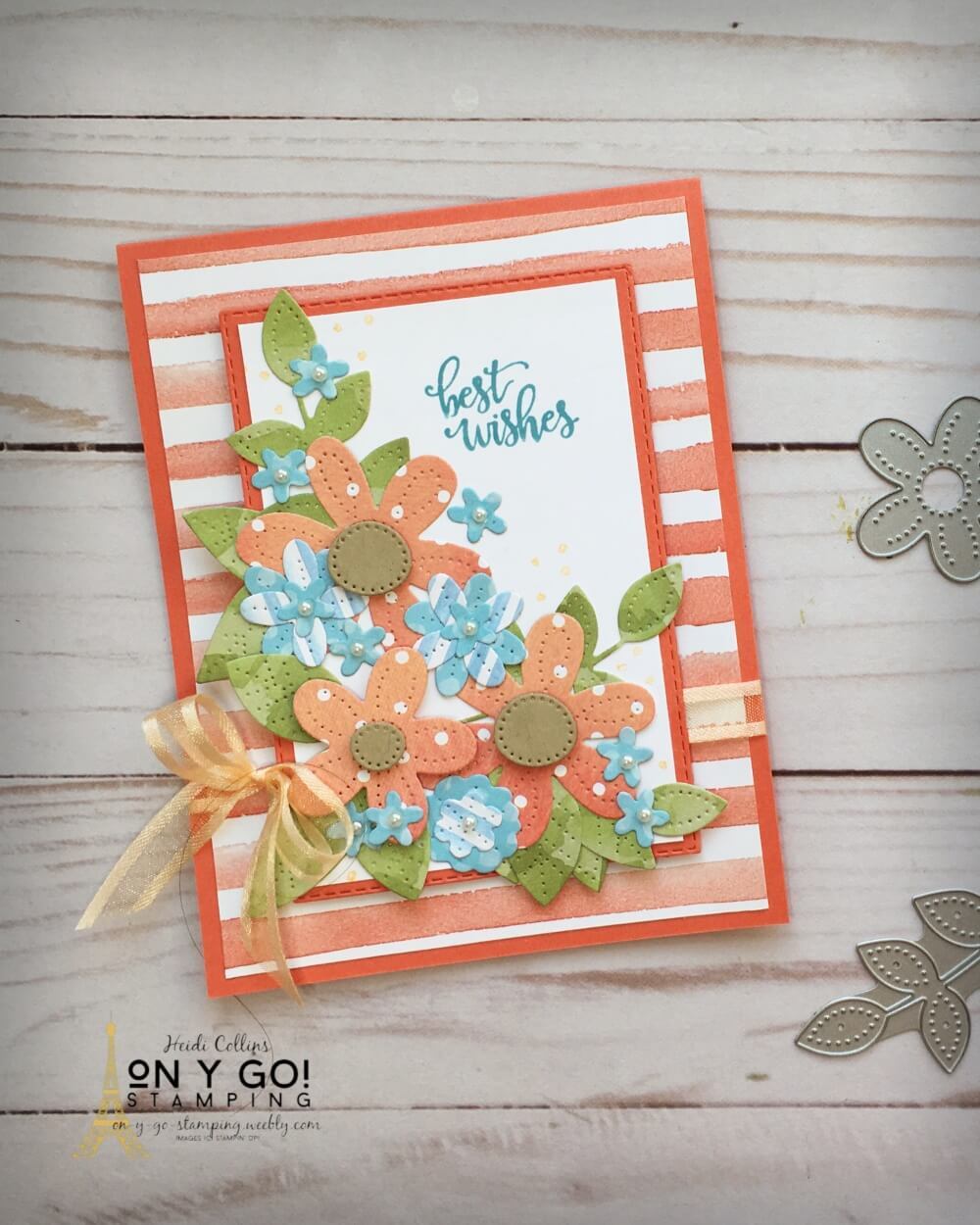 Cut flowers from patterned paper with the Pierced Blooms dies from Stampin' Up! This gorgeous patterned paper is the You're a Peach Designer Series Paper.