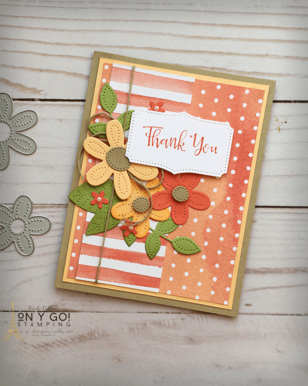 Beautiful handmade thank you card idea with the Pierced Blooms dies from Stampin' Up! This floral card uses the fabulous colors of the You're a Peach patterned paper.