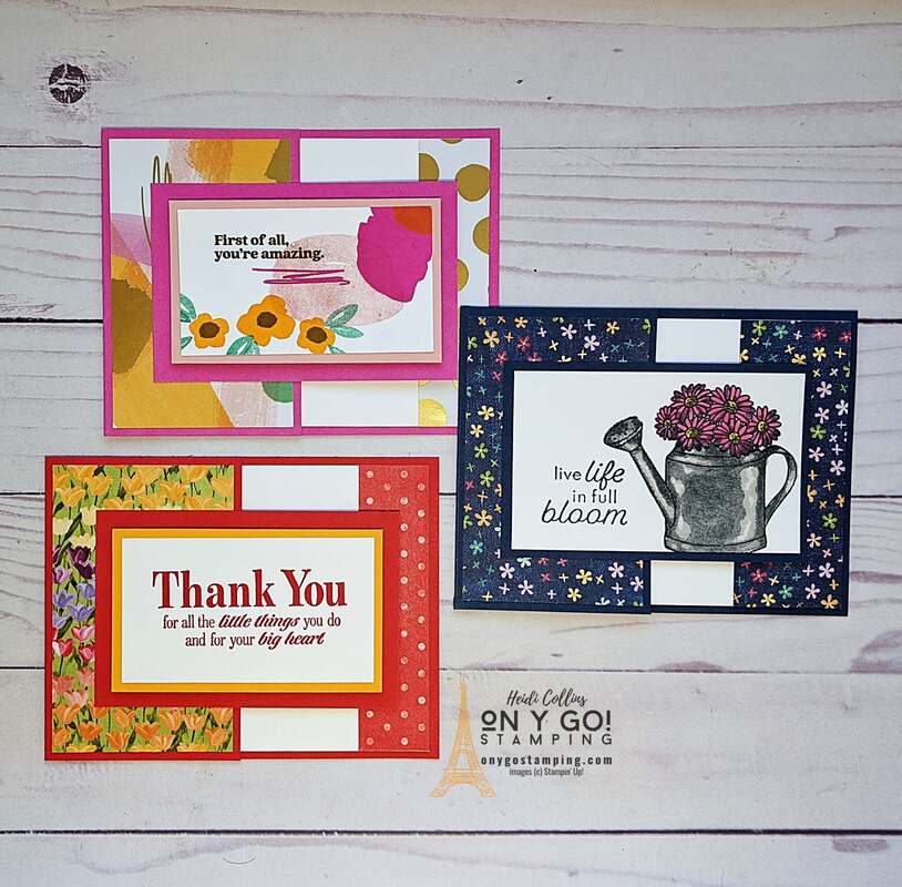 Quick and easy fun fold card ideas using just stamps, ink, and paper! Sample card designs using the Hello Beautiful, Flowering Rain Boots, and Sunny Sentiments stamp sets from Stampin' Up!