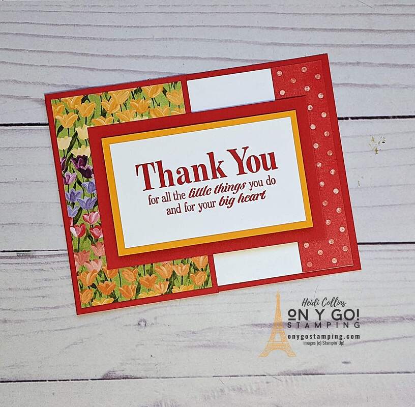 Create a beautiful handmade thank you card with the Flowering Fields patterned paper and Sunny Sentiments stamp set from Stampin' Up!