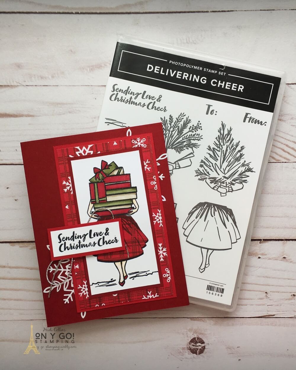 Beautiful Christmas card idea using the paper piecing card making technique and the NEW Delivering Cheer stamp set from Stampin' Up! Handmade card idea also uses the Peaceful Prints patterned paper that you can get for FREE during Fall 2021 Sale-a-Bration.