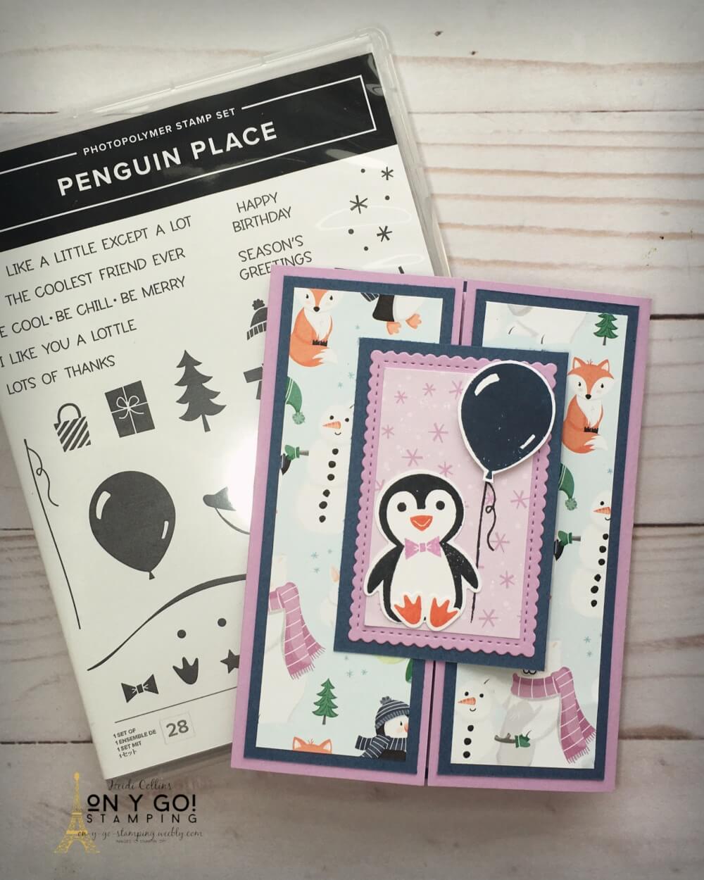 Fun fold card idea with the NEW Penguin Place stamp set from the August-December Mini Catalog from Stampin' Up! This shutter card also uses the Penguin Playmates patterned paper that you can get FREE during the Fall 2021 Sale-A-Bration!