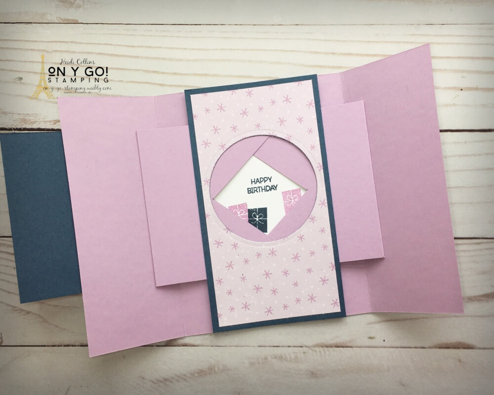 View inside a shutter card. This fun fold card was made with the Penguin Place stamp set from Stampin' Up! and the FREE Penguin Playmates patterned paper available during Fall 2021 Sale-A-Bration from Stampin' Up!