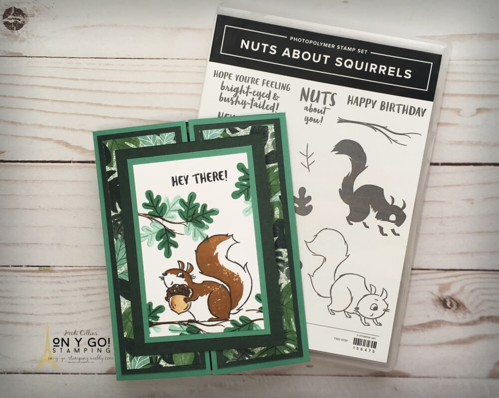 Fun fold card idea with the Nuts About Squirrels stamp set and Bloom Where You're Planted patterned paper from Stampin' Up! This shutter card is easy to make when you watch the video tutorial.