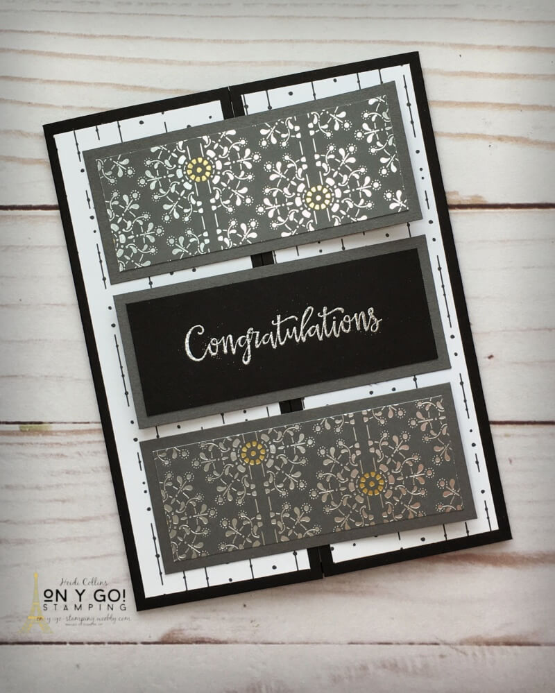 Elegant handmade wedding card or other congratulations card. This fun fold card has a locking gate fold on the front. This sample card design uses the Simply Elegant patterned paper and Peaceful Moments stamp set from Stampin' Up!