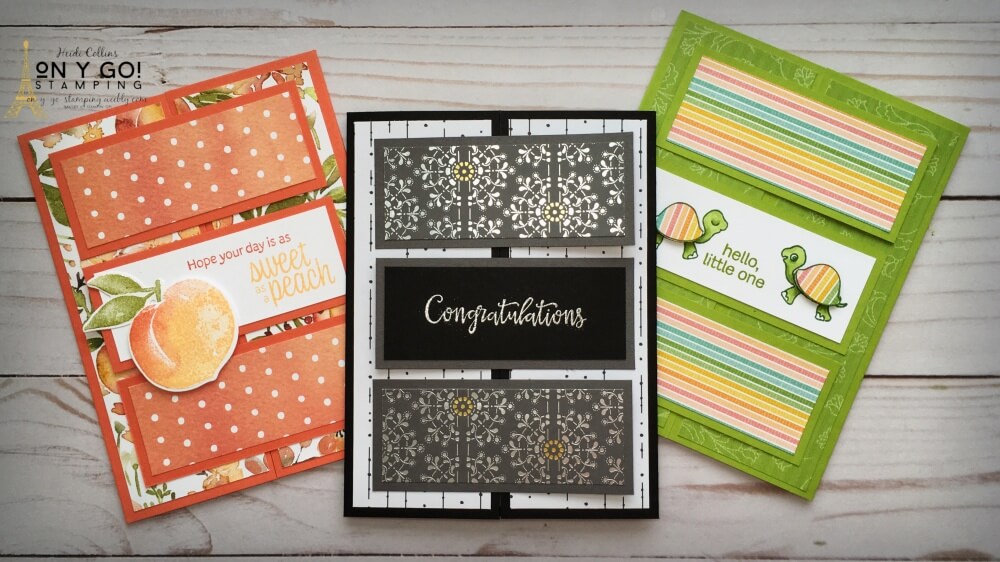 Want a quick and easy fun fold card to make? Here's three sample fun fold card ideas with an easy to make locking gatefold! Whether you need a card for a friend, a wedding card, or a card for a new baby, this fancy fold card will be perfect with the right patterned paper and stamps!